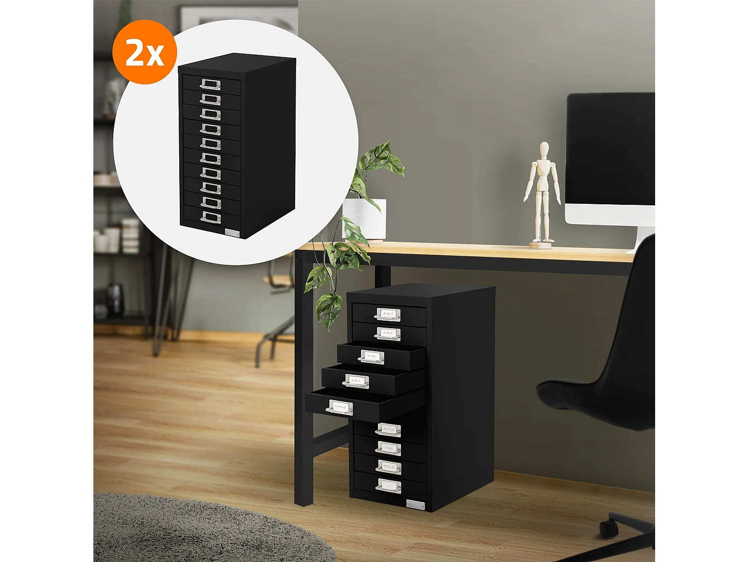 Set de 2 armoire à dossiers avec 10 tiroirs en métal noir classeur documents A4