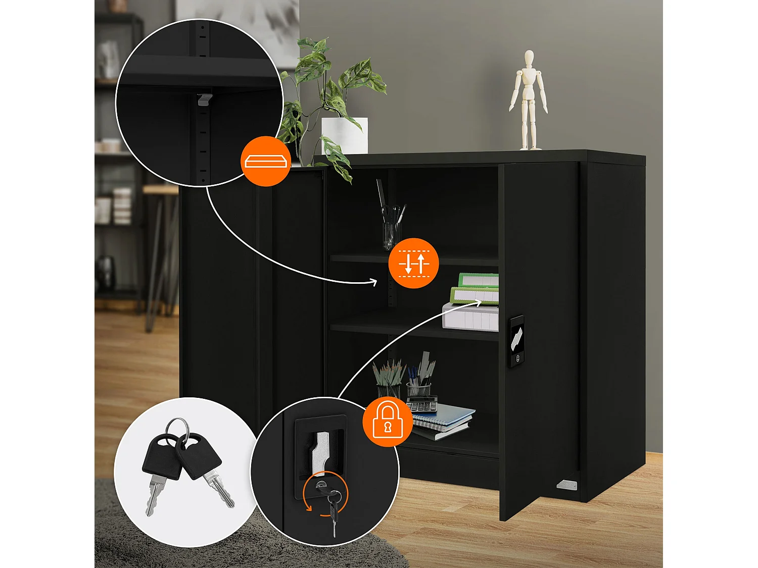 3 Armoires de bureau acier noir meuble à dossiers portes battantes 90x40x90 cm