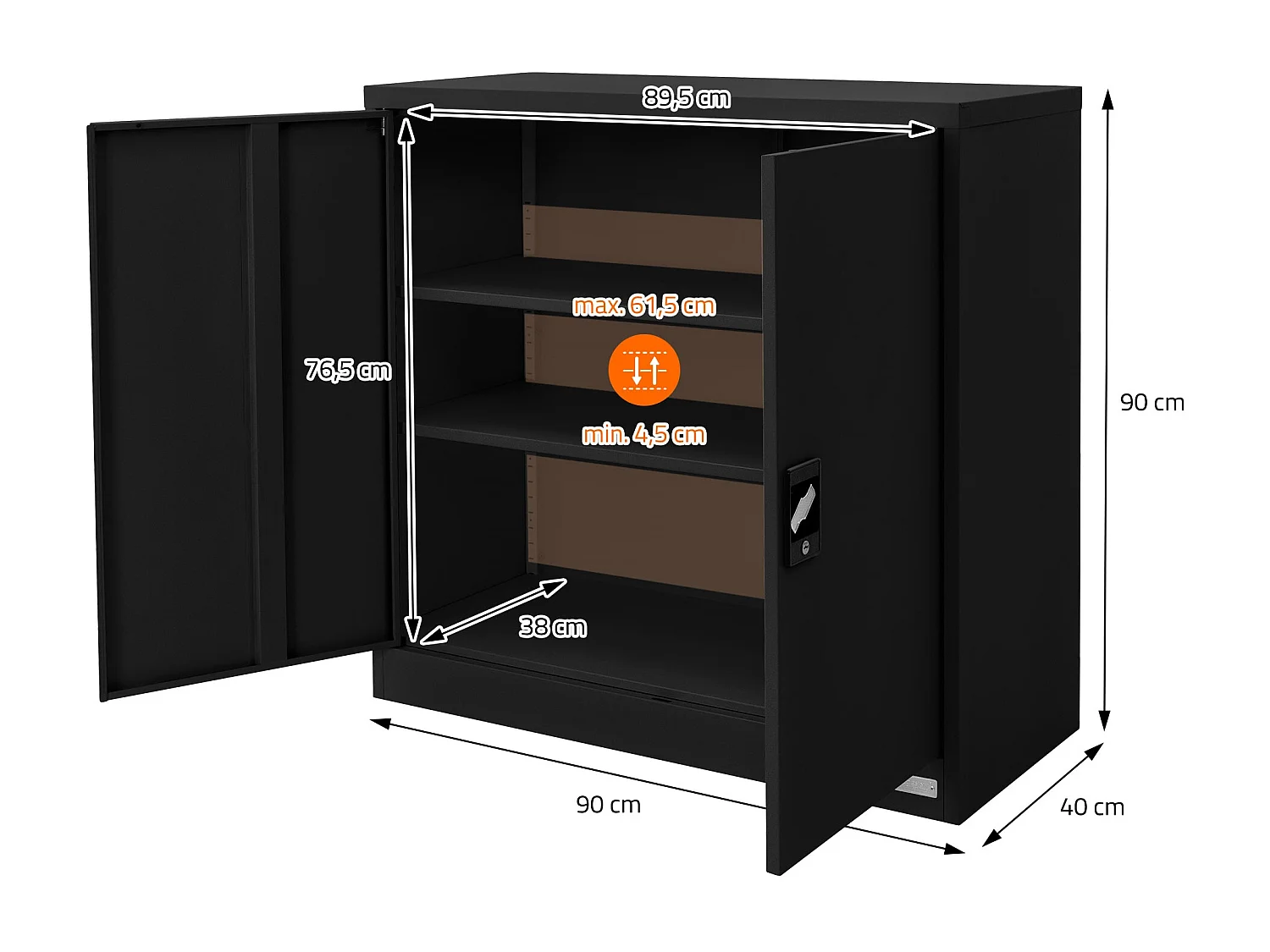 3 Armoires de bureau acier noir meuble à dossiers portes battantes 90x40x90 cm