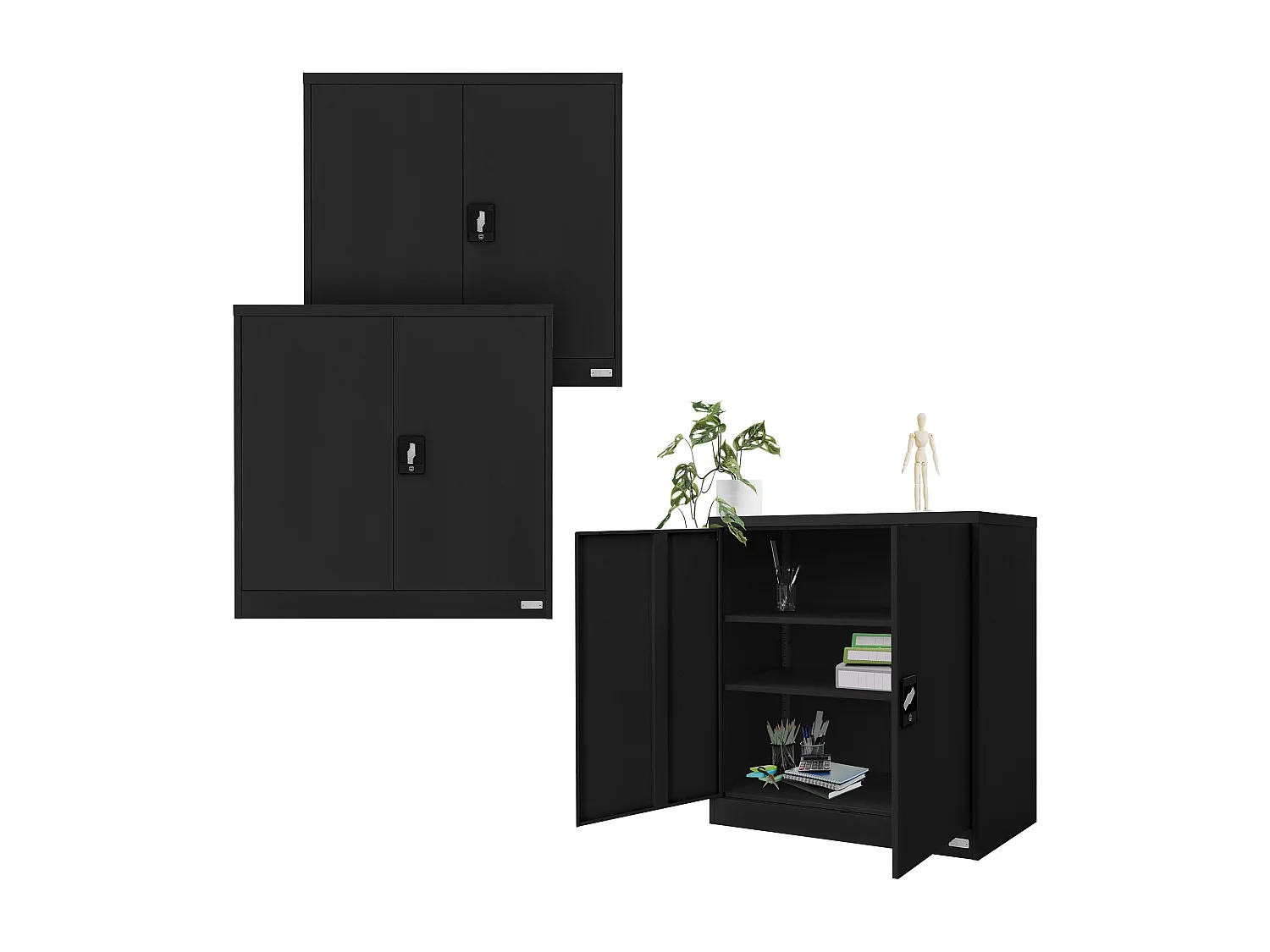 3 Armoires de bureau acier noir meuble à dossiers portes battantes 90x40x90 cm