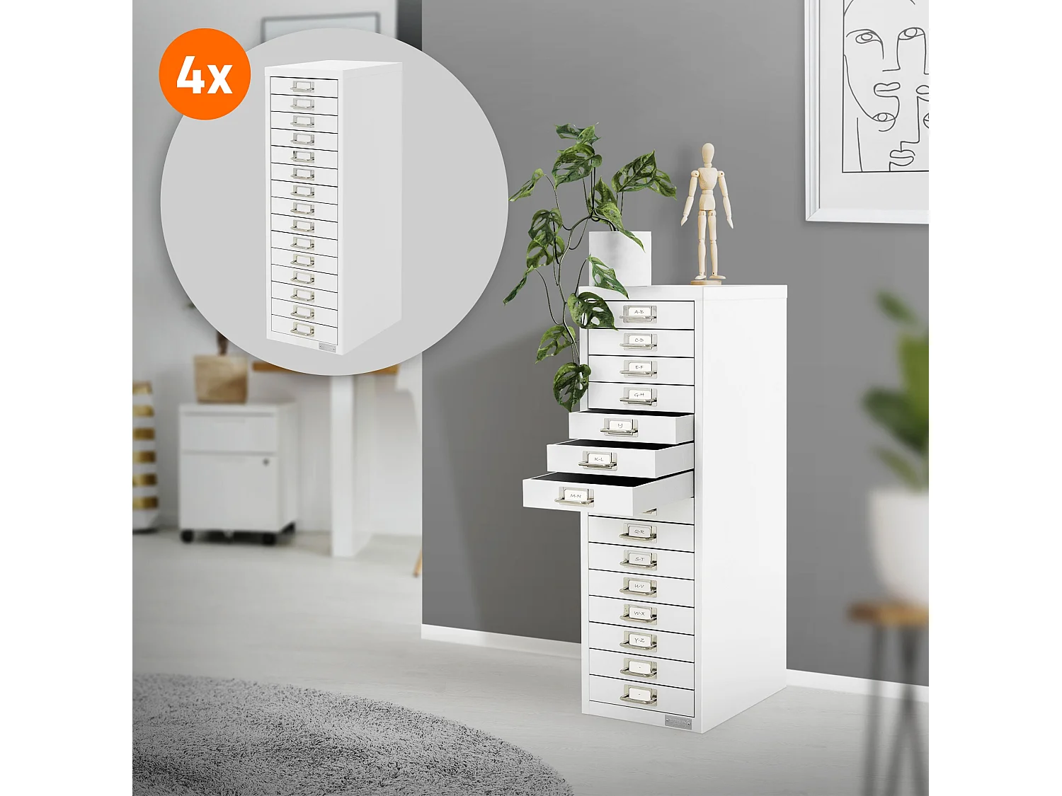 Set de 4 armoire à dossiers avec 15 tiroirs en métal blanc classeur documents A4
