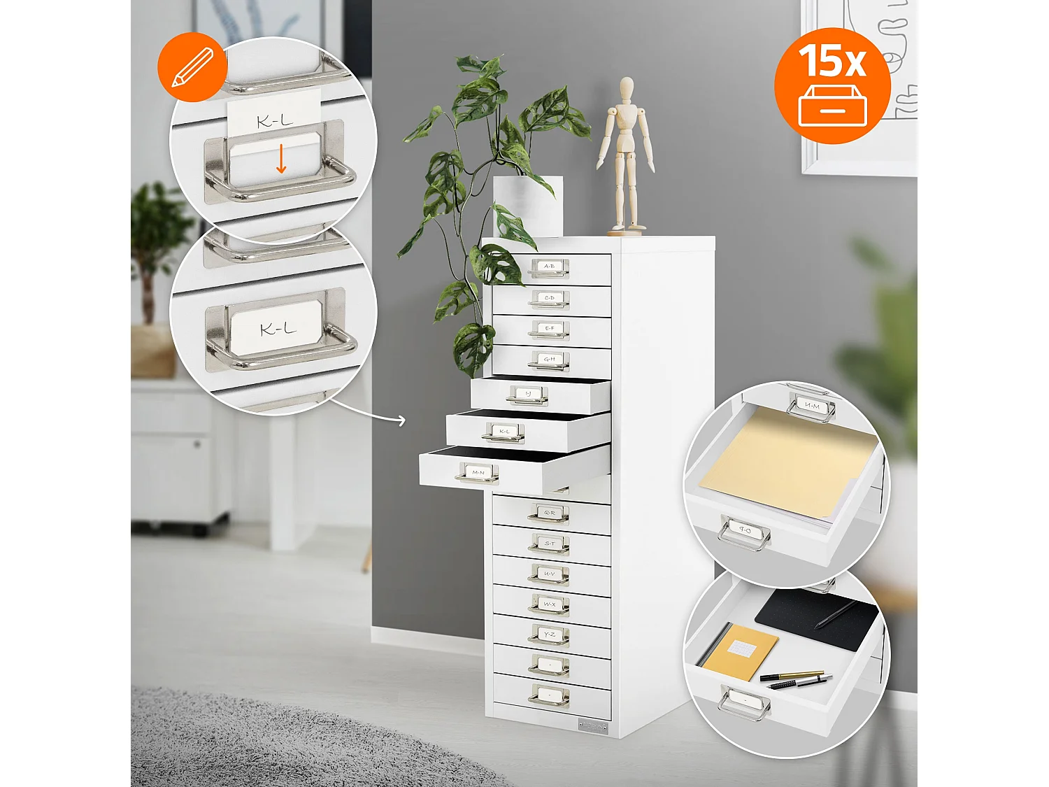 Set de 4 armoire à dossiers avec 15 tiroirs en métal blanc classeur documents A4