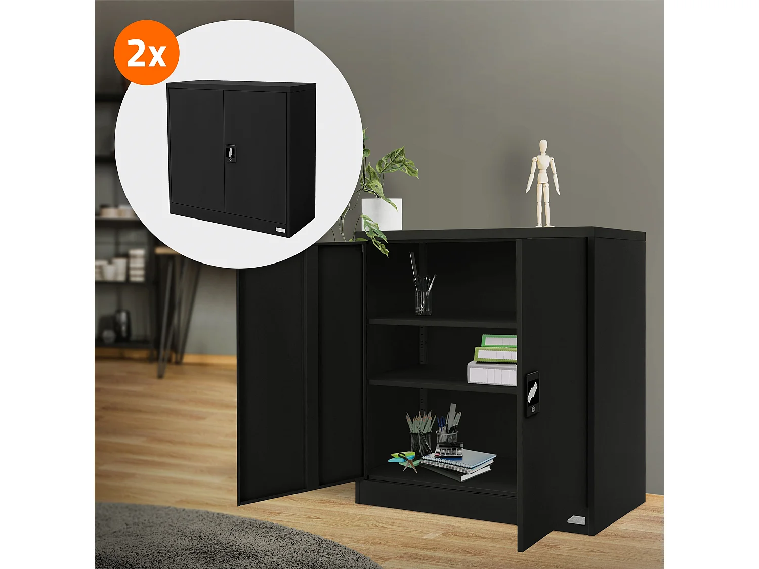 2 Armoires bureau en acier noir meuble à dossiers portes battantes 90x40x90 cm