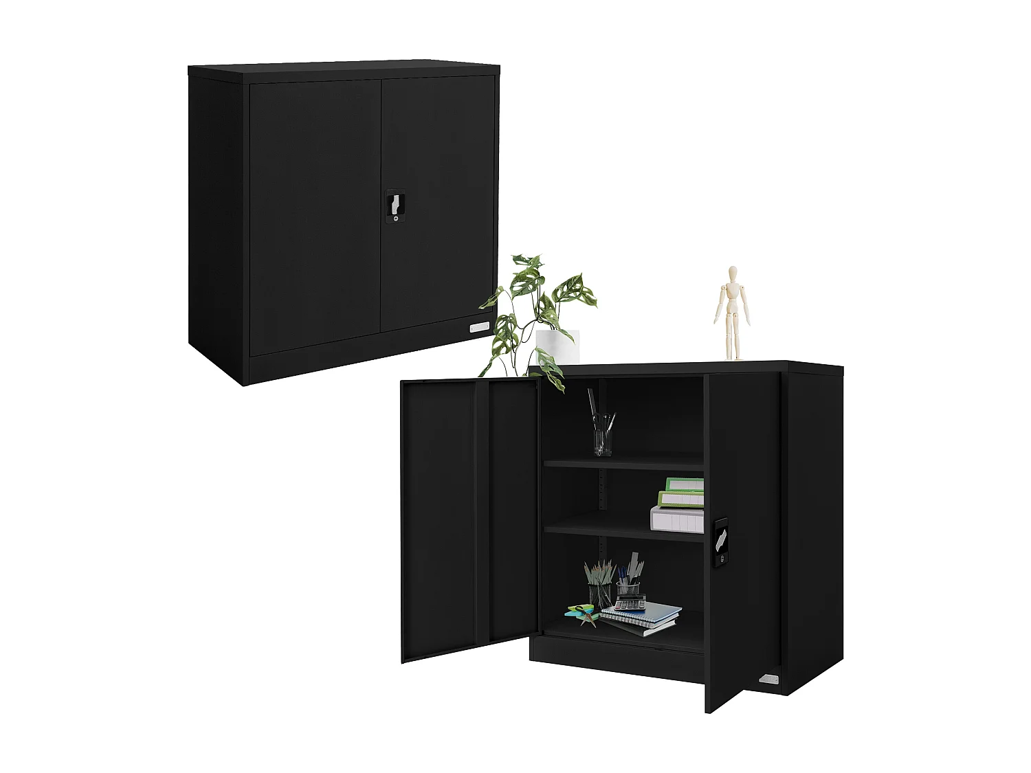 2 Armoires bureau en acier noir meuble à dossiers portes battantes 90x40x90 cm