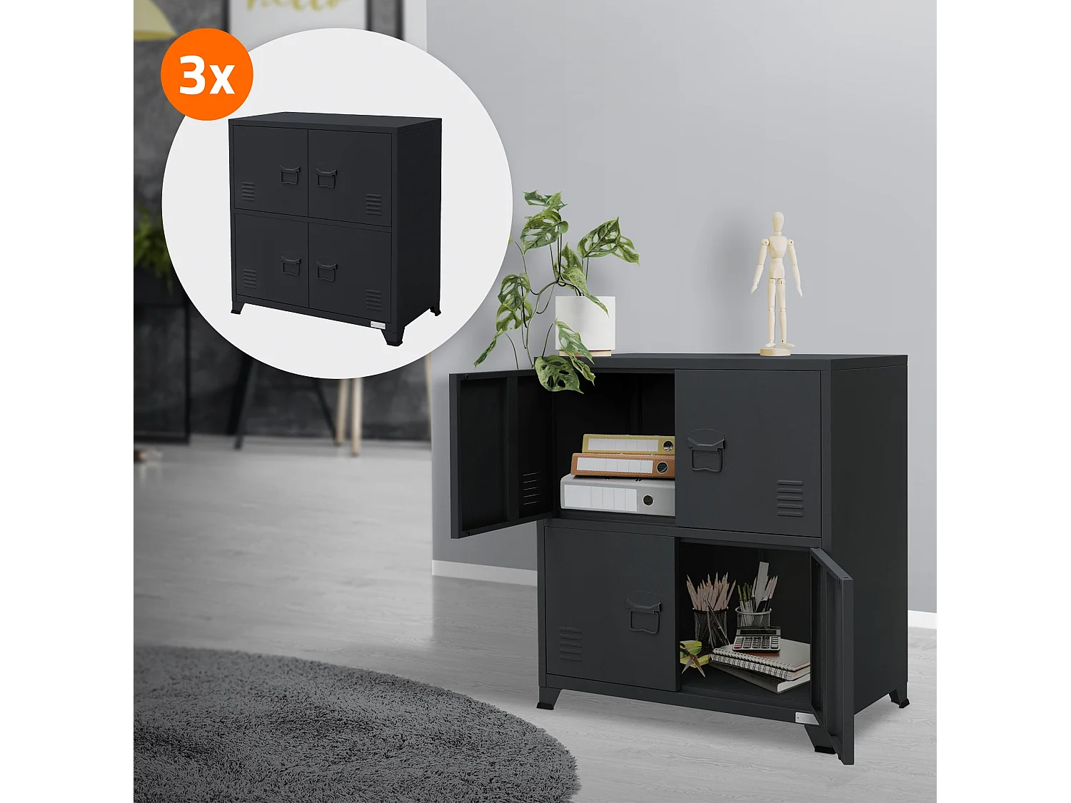 3x Archivador de oficina armario metal antracita 2 compartimentos 75x40x80,5cm