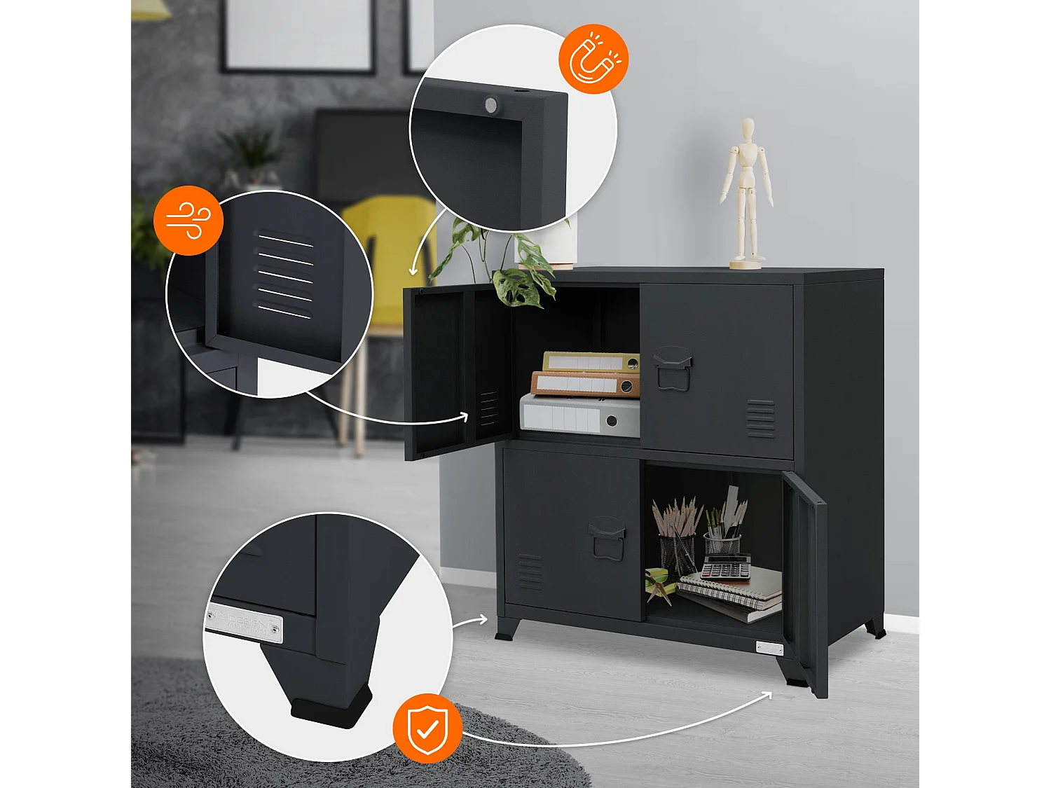 3x Archivador de oficina armario metal antracita 2 compartimentos 75x40x80,5cm