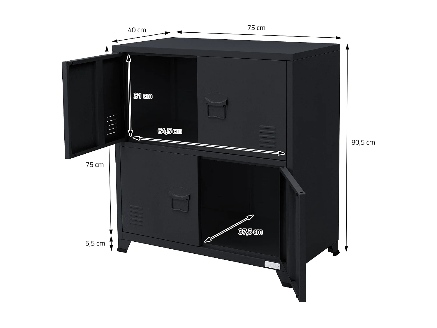 3x Archivador de oficina armario metal antracita 2 compartimentos 75x40x80,5cm