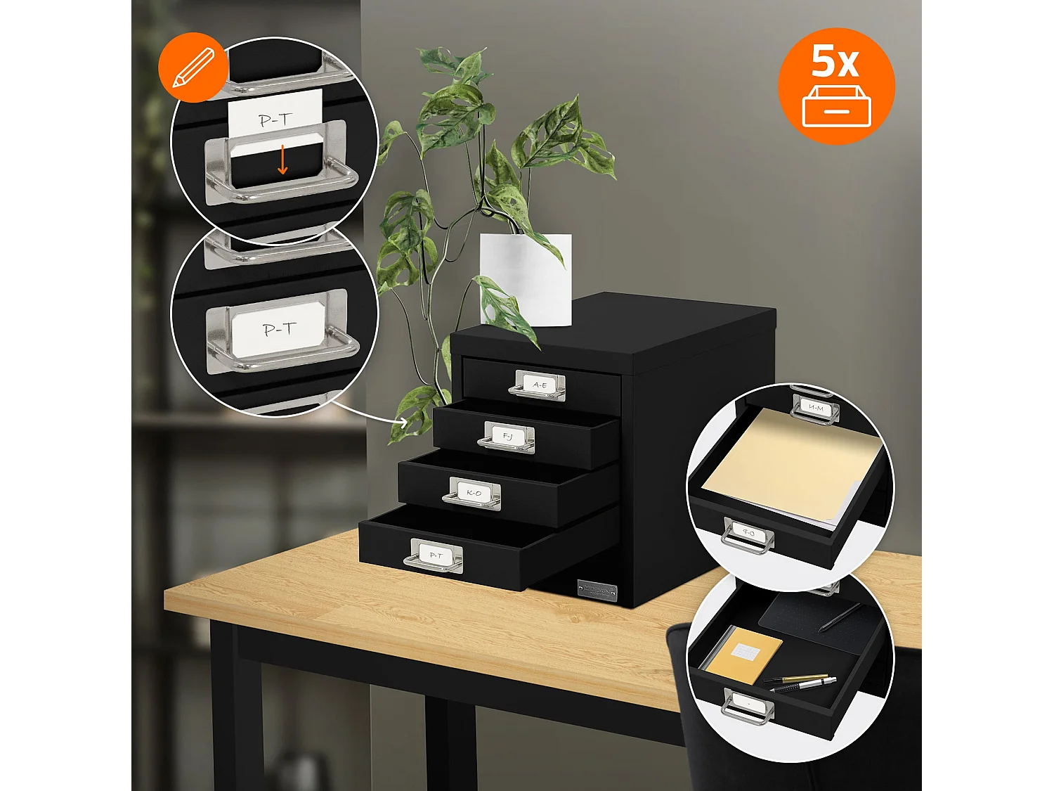 Set de 4 armoire à dossiers avec 5 tiroirs en métal noir classeur documents A4