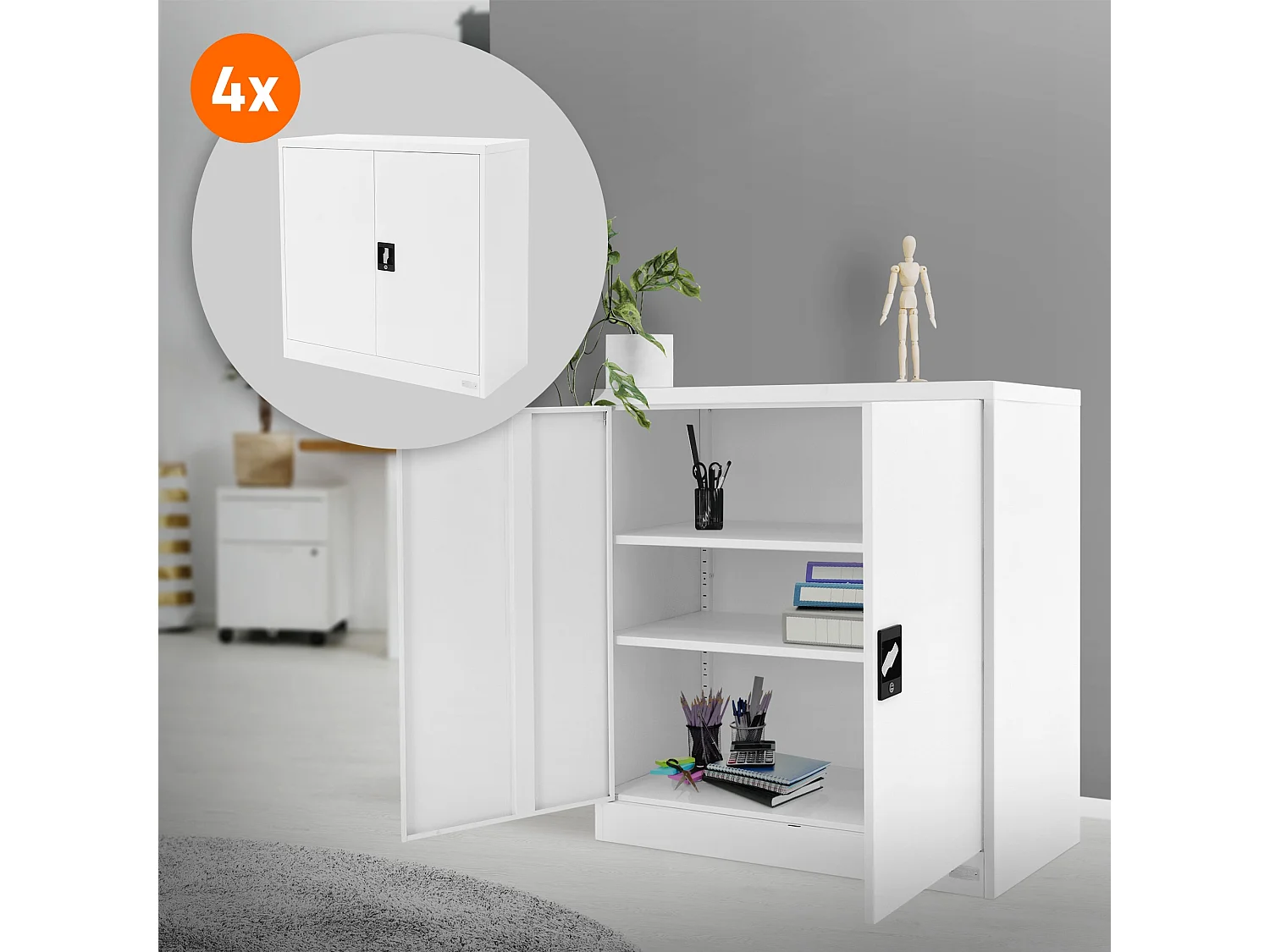 4 Armoires bureau en acier blanc meuble à dossiers portes battantes 90x40x90 cm