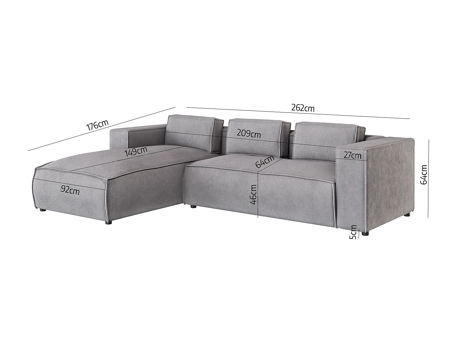 Ecksofa Vera mit Cord-Bezug und Moderne Optik