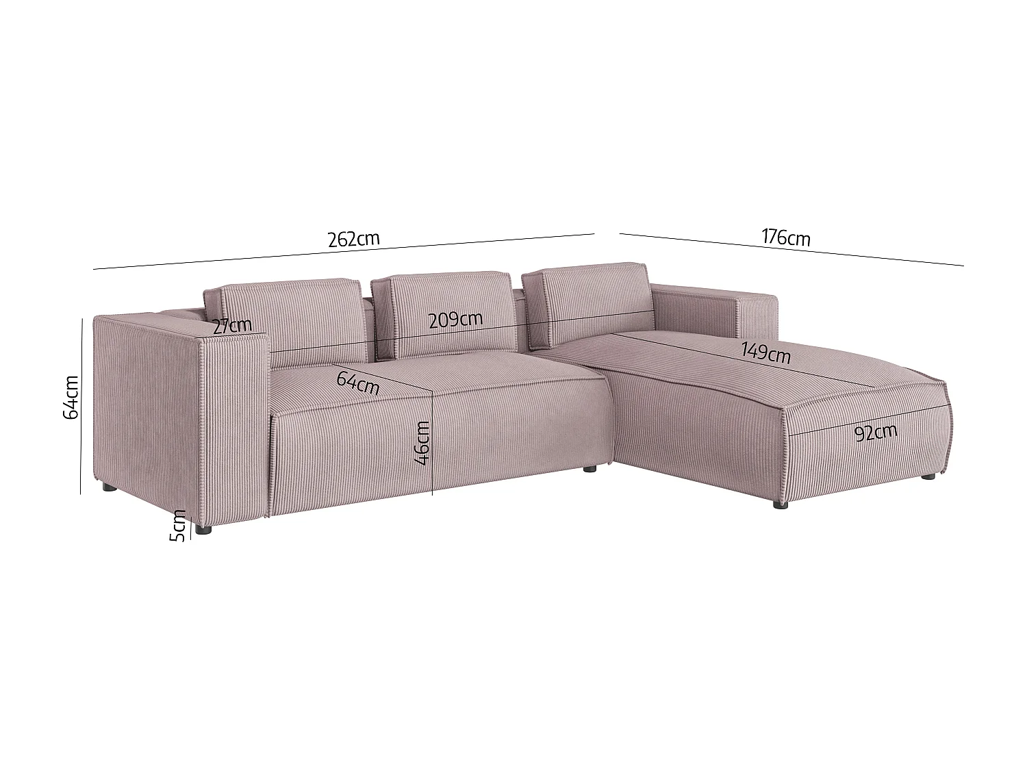 Ecksofa Vera mit Cord-Bezug und Moderne Optik