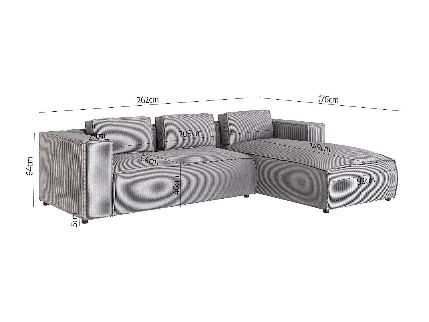 Ecksofa Vera mit Cord-Bezug und Moderne Optik