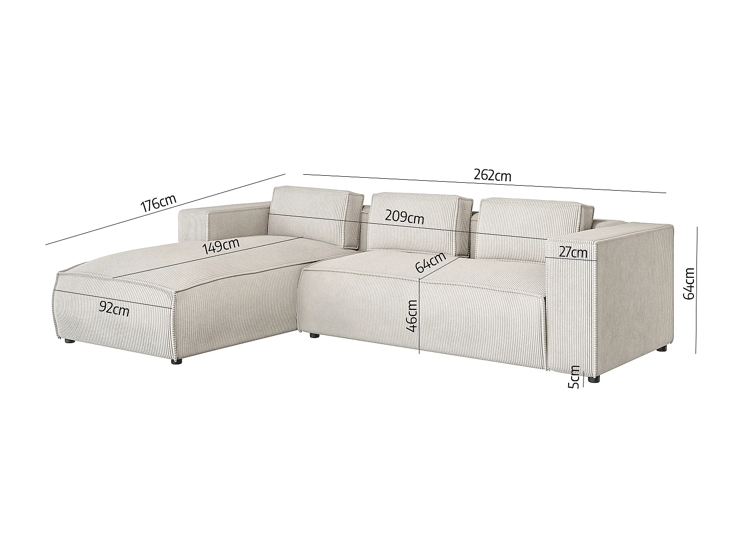 Ecksofa Vera mit Cord-Bezug und Moderne Optik