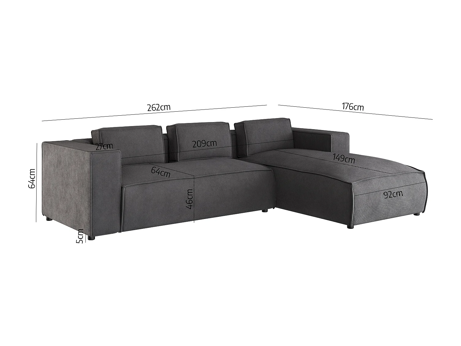 Ecksofa Vera mit Cord-Bezug und Moderne Optik