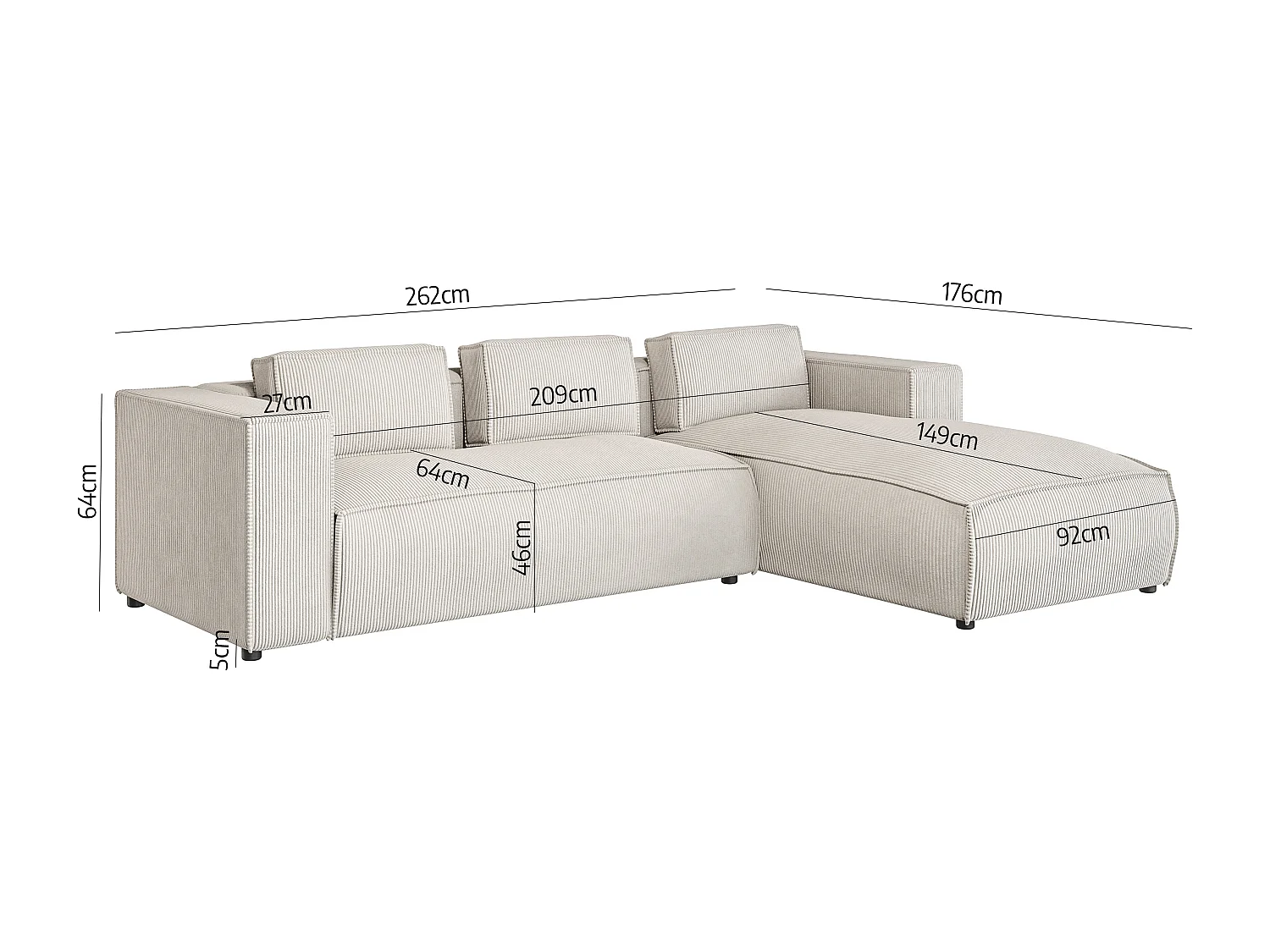 Ecksofa Vera mit Cord-Bezug und Moderne Optik