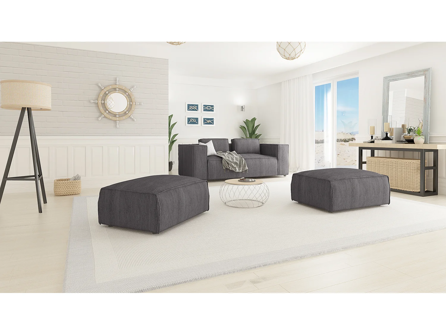 Moderner Fußhocker Vera aus Cord mit weichem Sitz