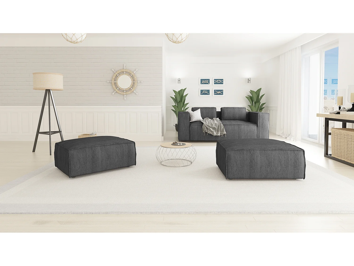 Moderner Fußhocker Vera aus Cord mit weichem Sitz