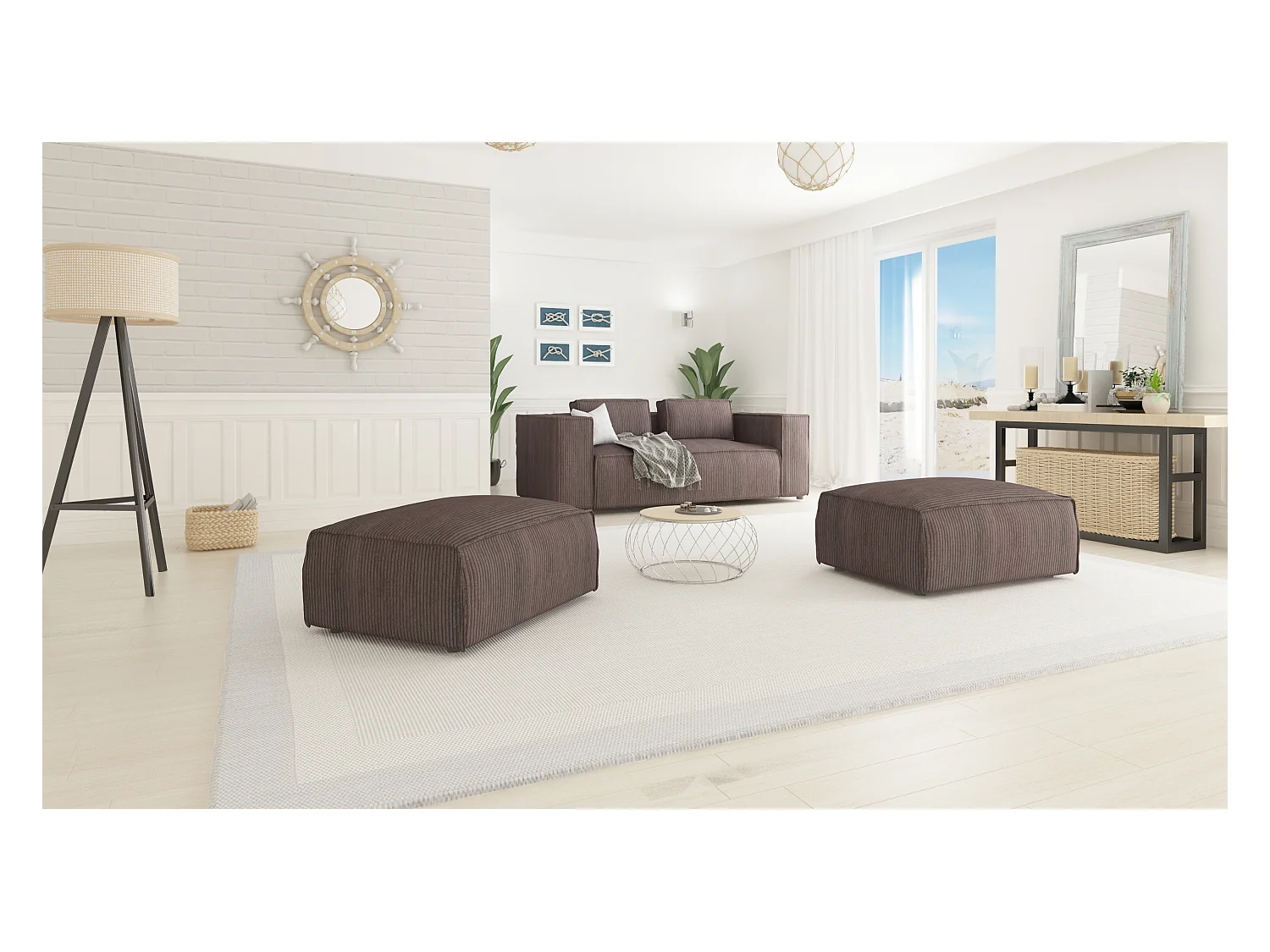 Moderner Fußhocker Vera aus Cord mit weichem Sitz