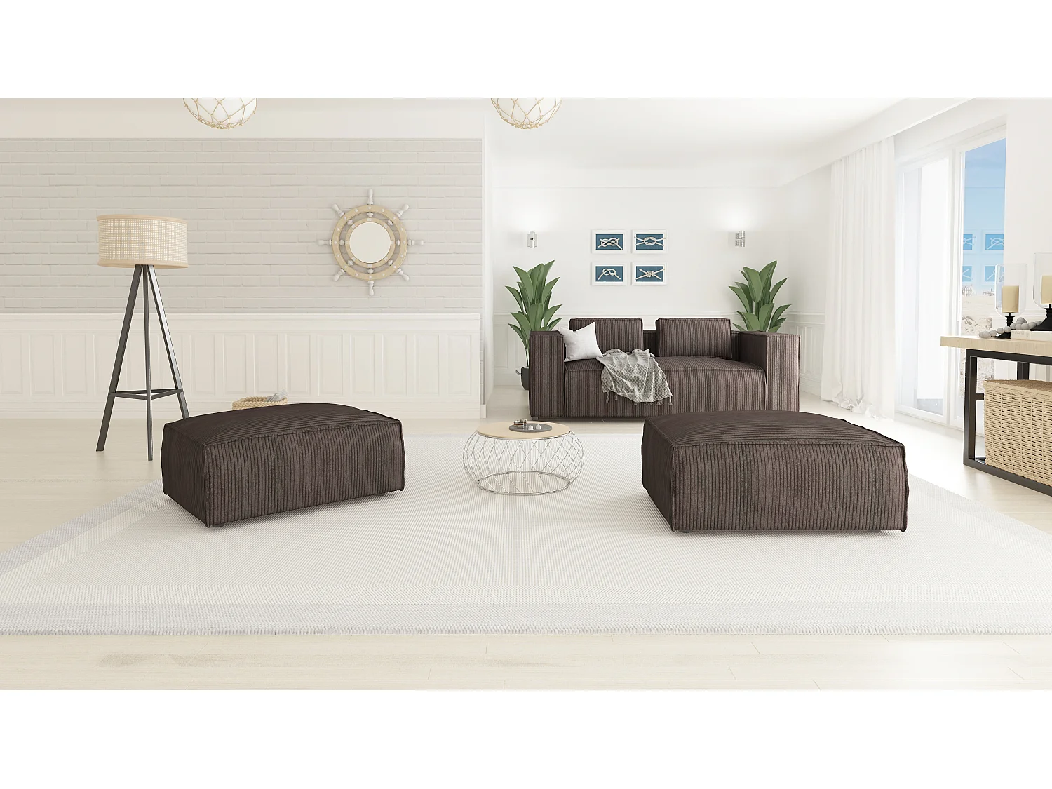 Moderner Fußhocker Vera aus Cord mit weichem Sitz