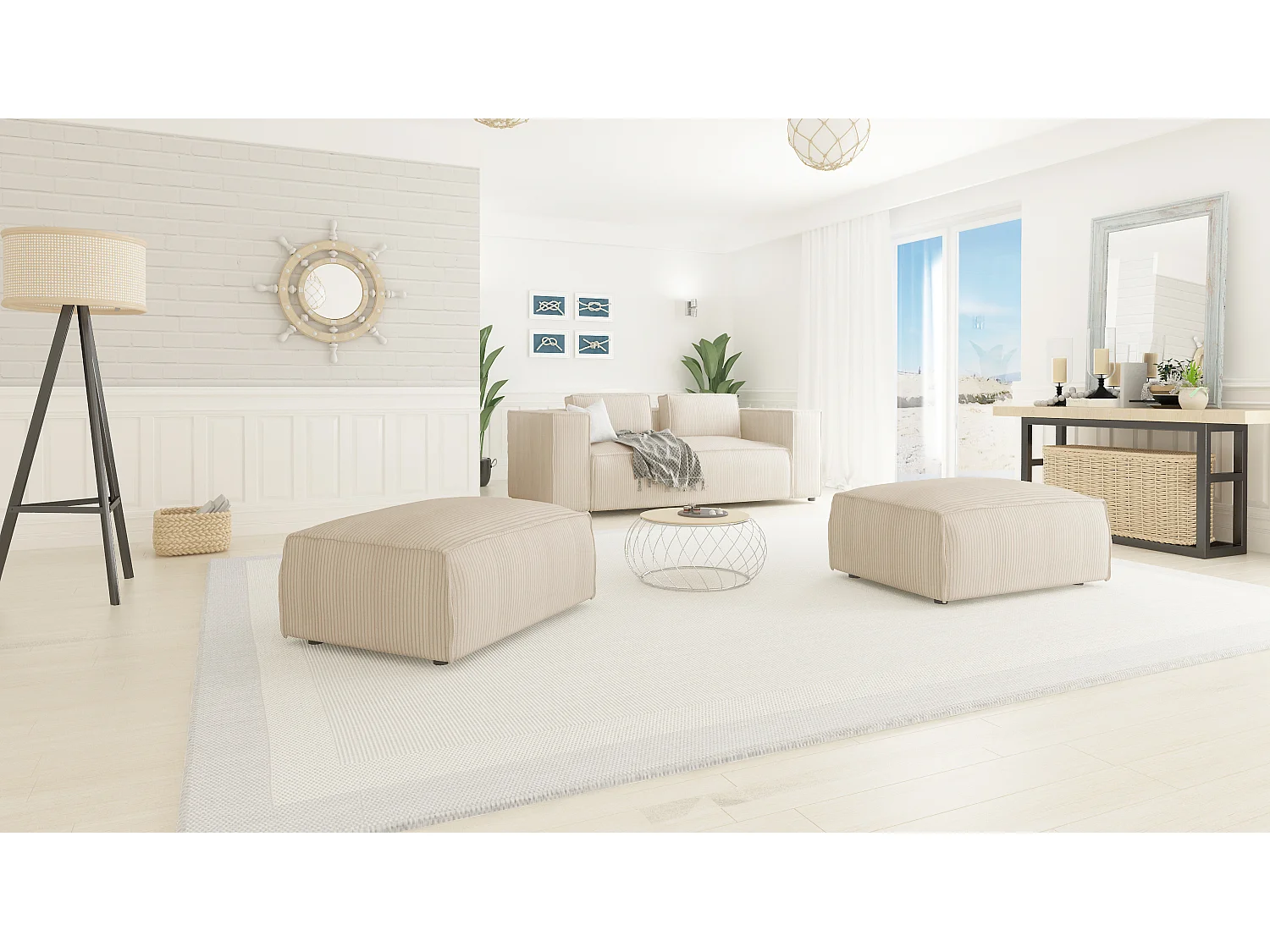 Moderner Fußhocker Vera aus Cord mit weichem Sitz