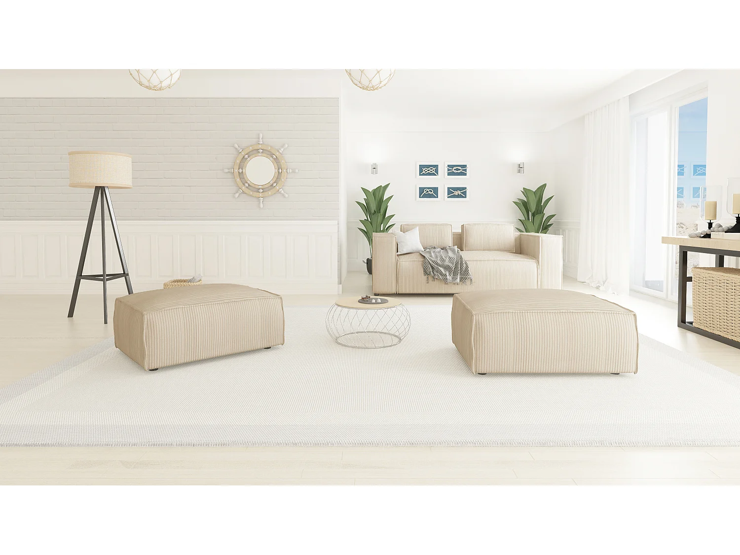 Moderner Fußhocker Vera aus Cord mit weichem Sitz