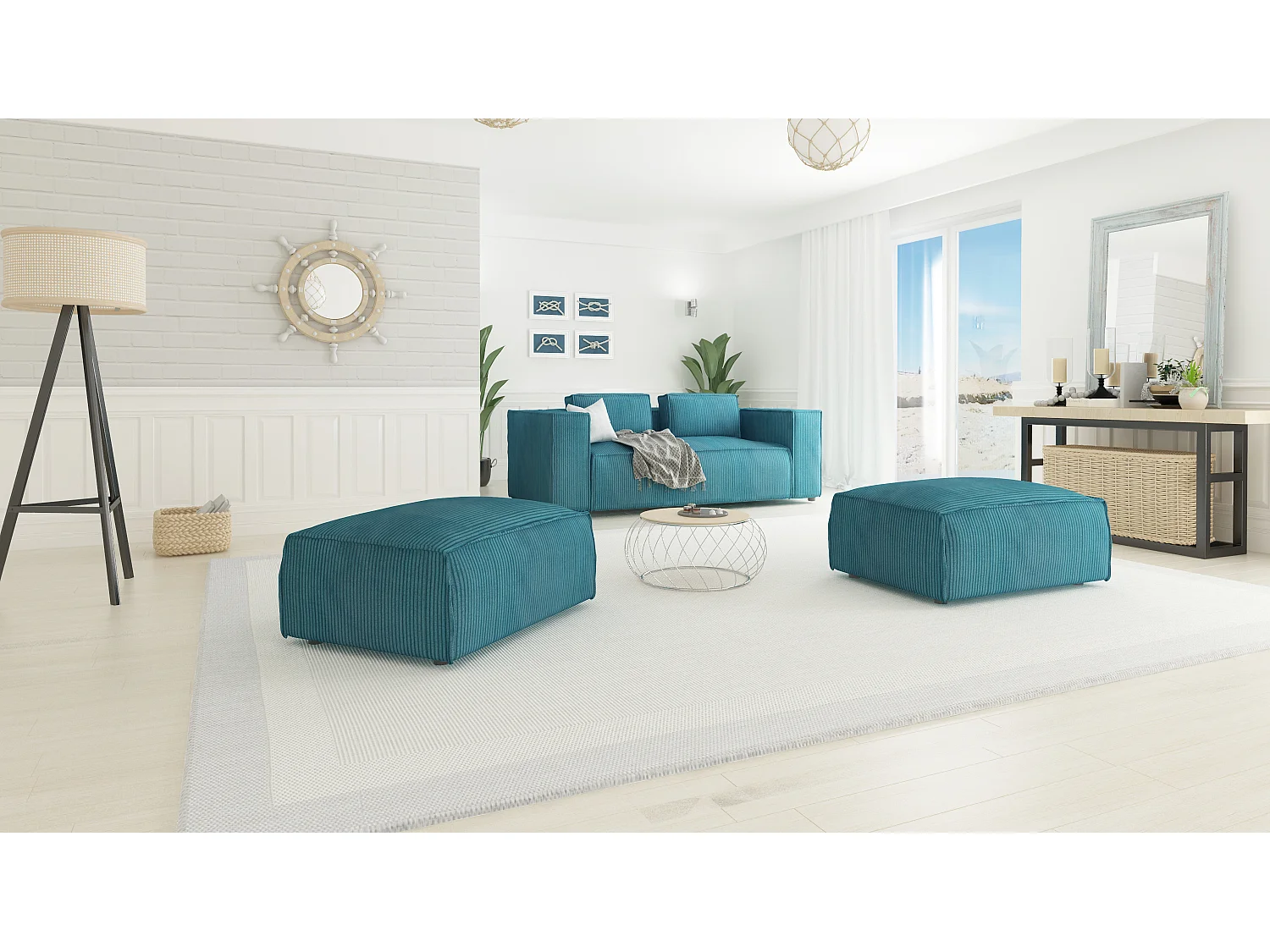 Moderner Fußhocker Vera aus Cord mit weichem Sitz