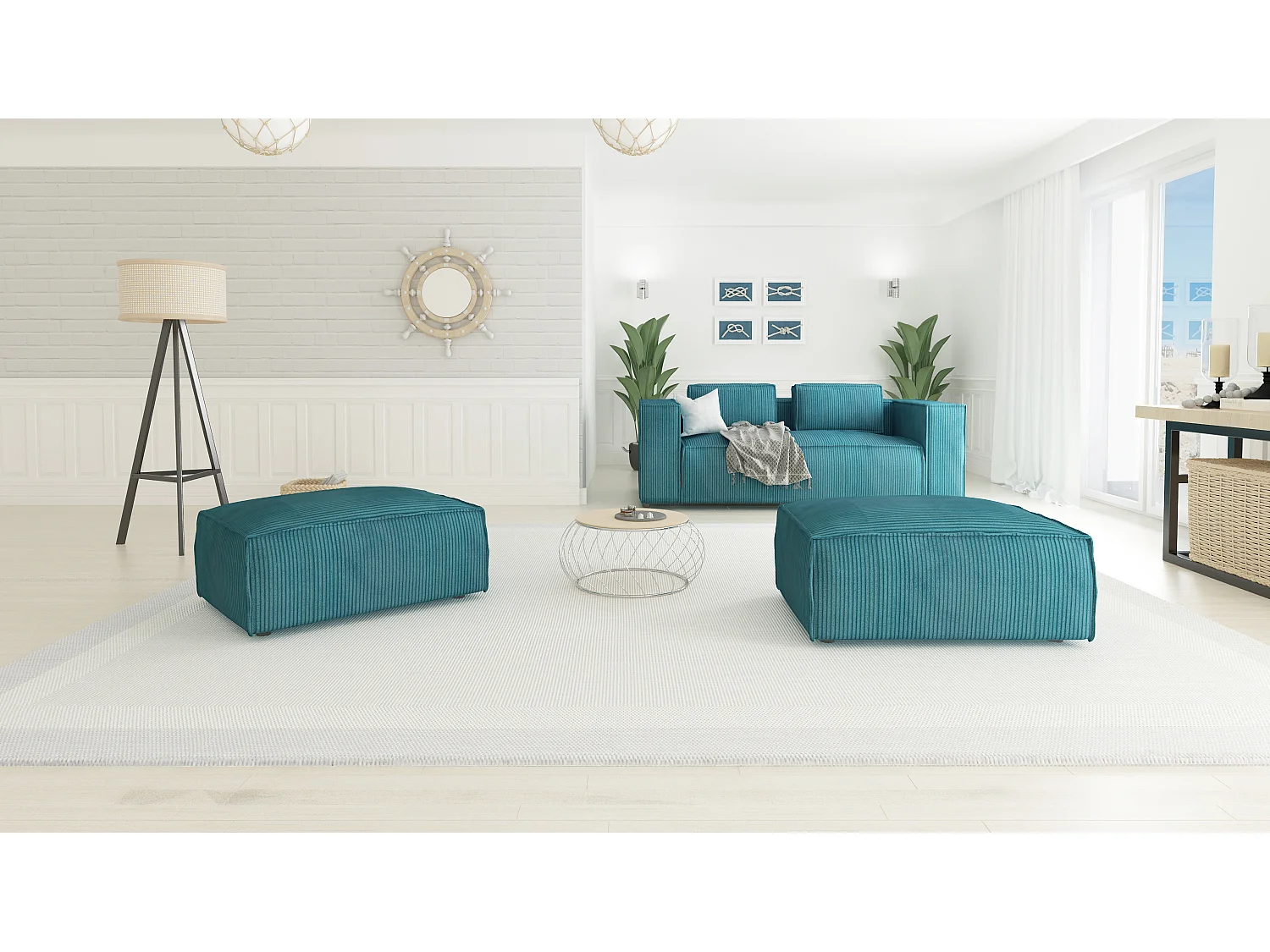 Moderner Fußhocker Vera aus Cord mit weichem Sitz