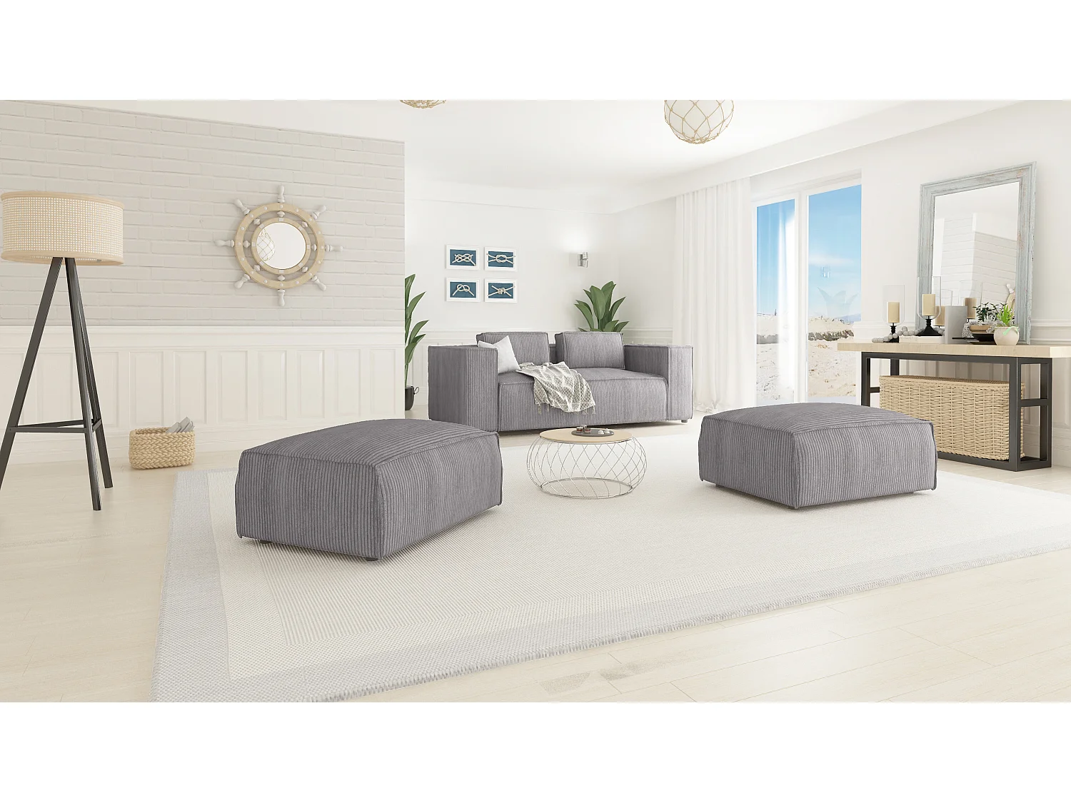 Moderner Fußhocker Vera aus Cord mit weichem Sitz