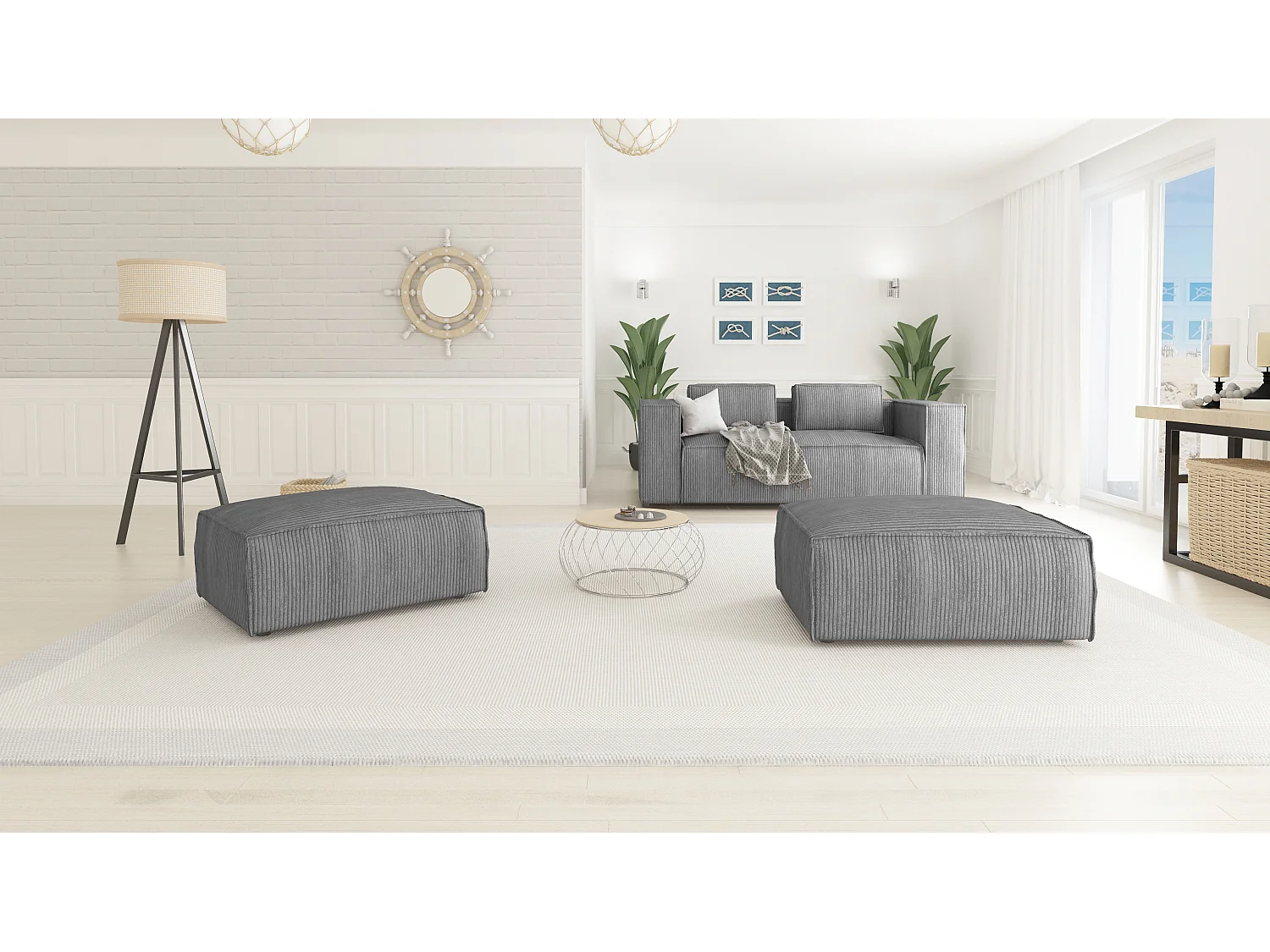 Moderner Fußhocker Vera aus Cord mit weichem Sitz