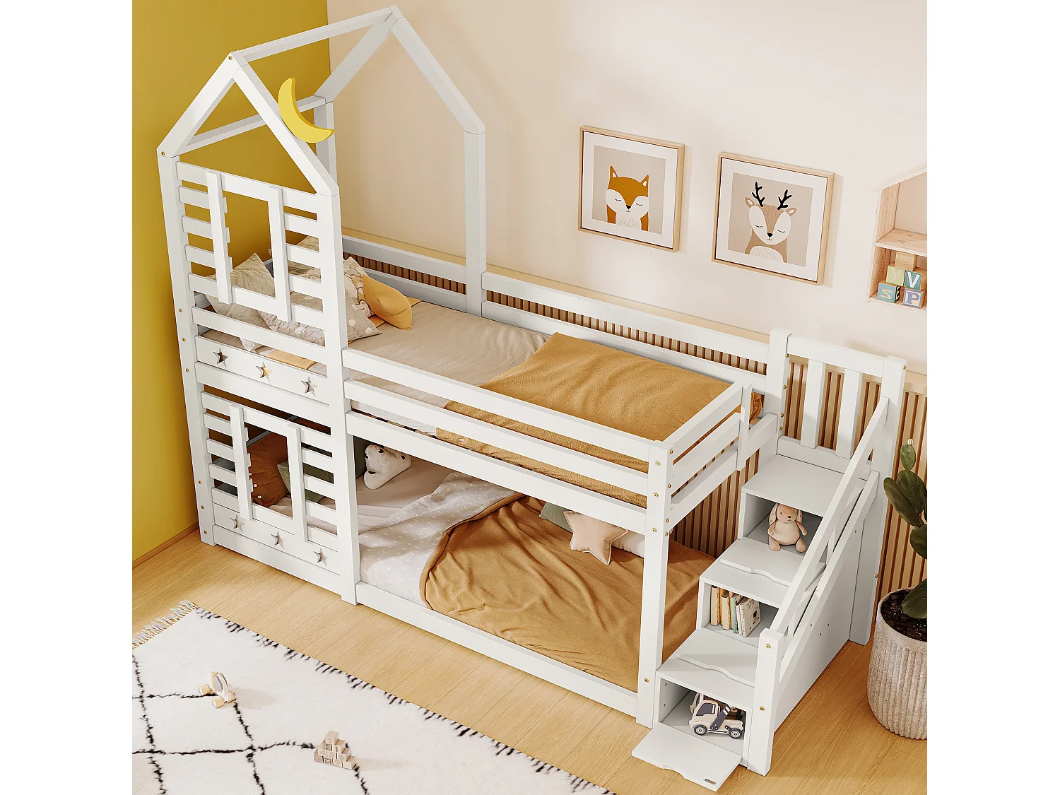 URBAN MEUBLE Lit superposé lit enfant maison bois blanc escalier avec tiroir rangement, protection antichute 90x200cm, lit mezzanine