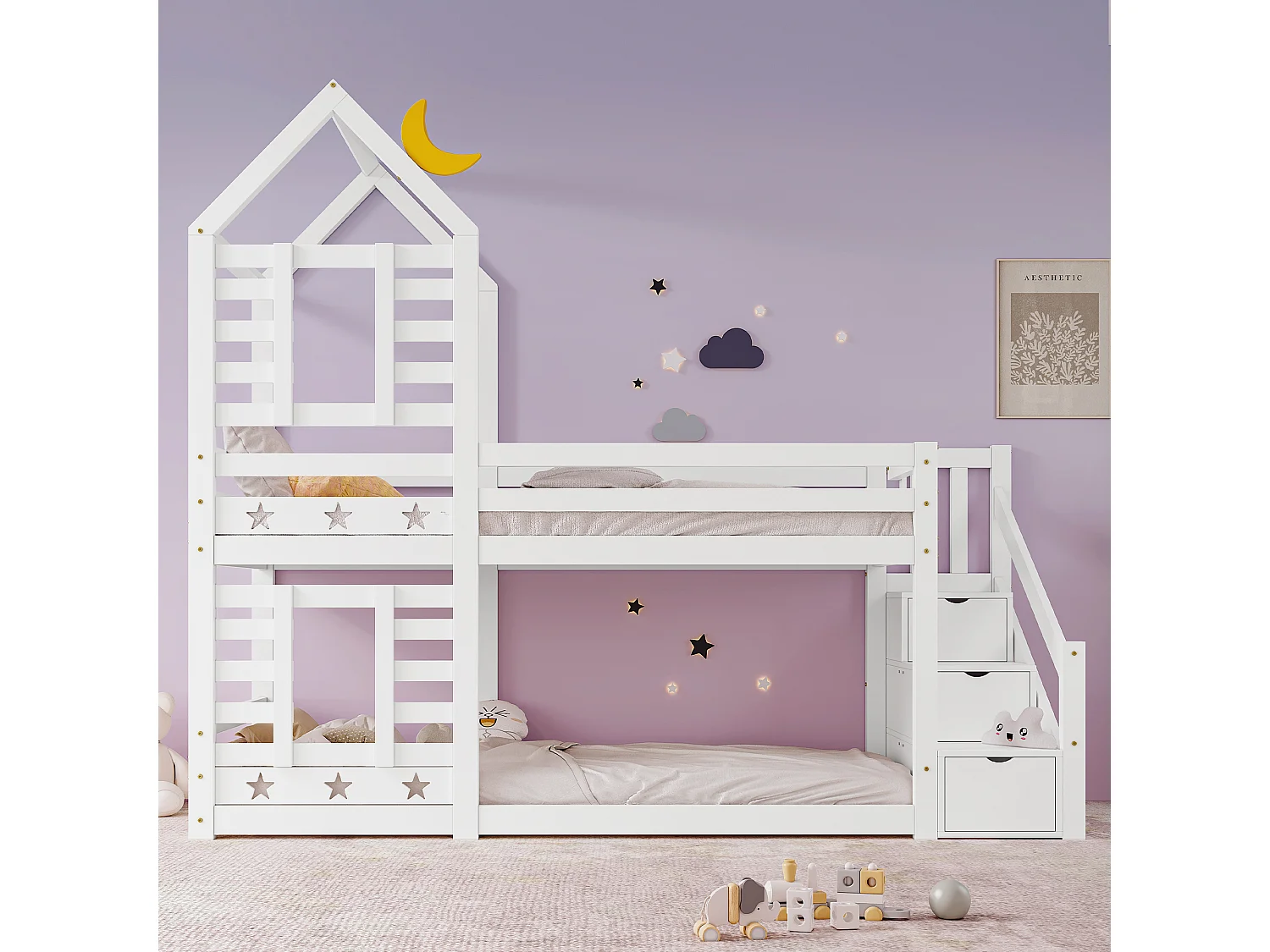 URBAN MEUBLE Lit superposé lit enfant maison bois blanc escalier avec tiroir rangement, protection antichute 90x200cm, lit mezzanine