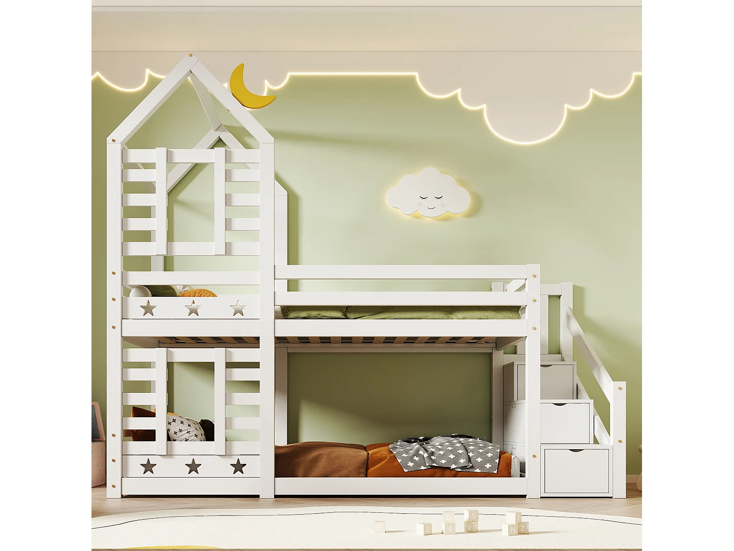 URBAN MEUBLE Lit superposé lit enfant maison bois blanc escalier avec tiroir rangement, protection antichute 90x200cm, lit mezzanine