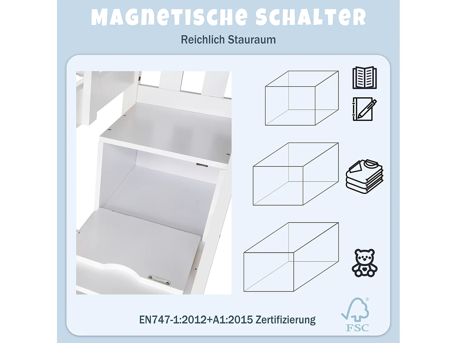 URBAN MEUBLE Lit superposé lit enfant maison bois blanc escalier avec tiroir rangement, protection antichute 90x200cm, lit mezzanine