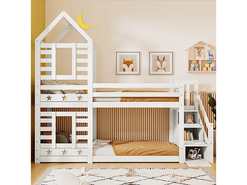 URBAN MEUBLE Lit superposé lit enfant maison bois blanc escalier avec tiroir rangement, protection antichute 90x200cm, lit mezzanine
