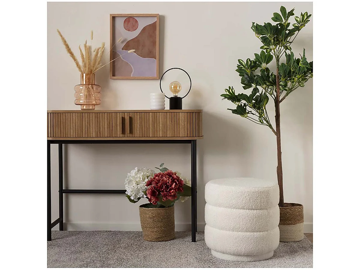 Pouf rond en bouclette, coloris blanc - Diamètre 37,5 x Hauteur 40 cm