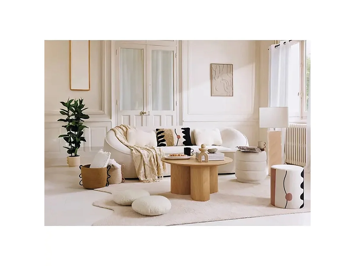 Pouf rond en bouclette, coloris blanc - Diamètre 37,5 x Hauteur 40 cm