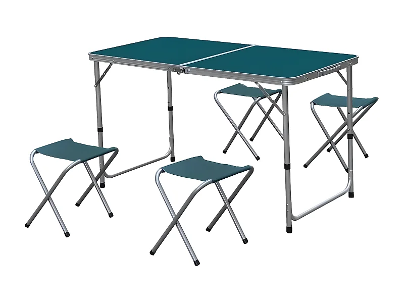Ensemble de table de jardin pliante avec 4 tabourets en aluminium et polyester coloris bleu