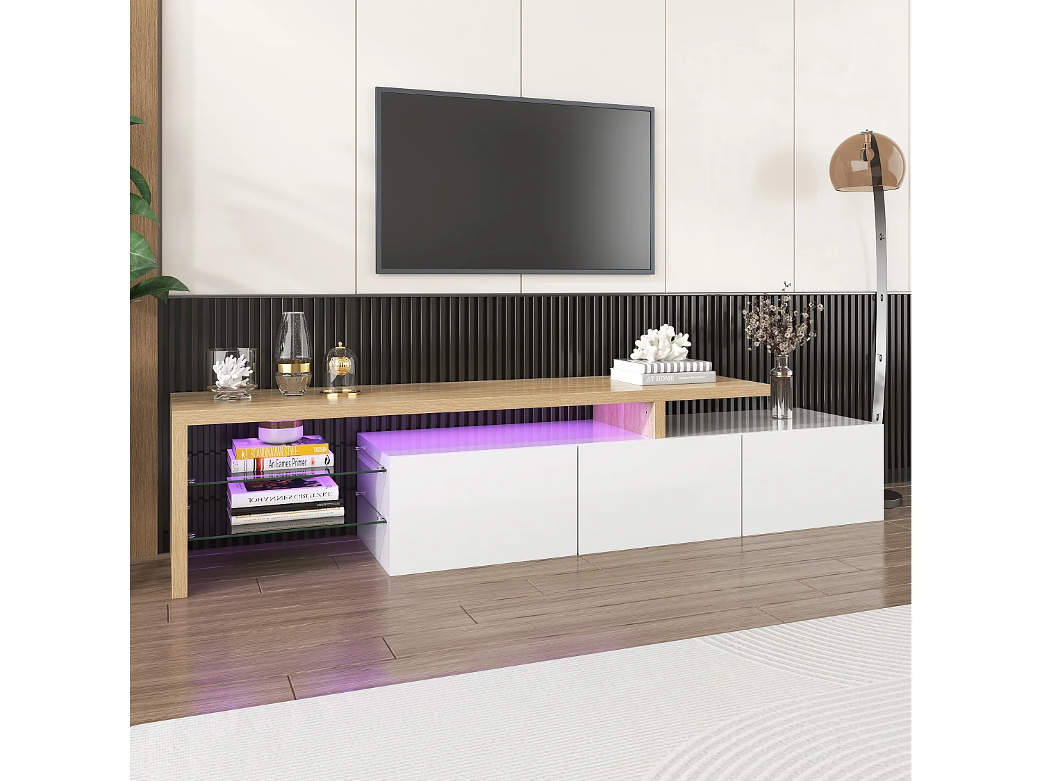 Design de meuble TV moderne blanc brillant aspect bois éclairage LED avec 3 portes battantes et étagères en verre rangement VROKEL