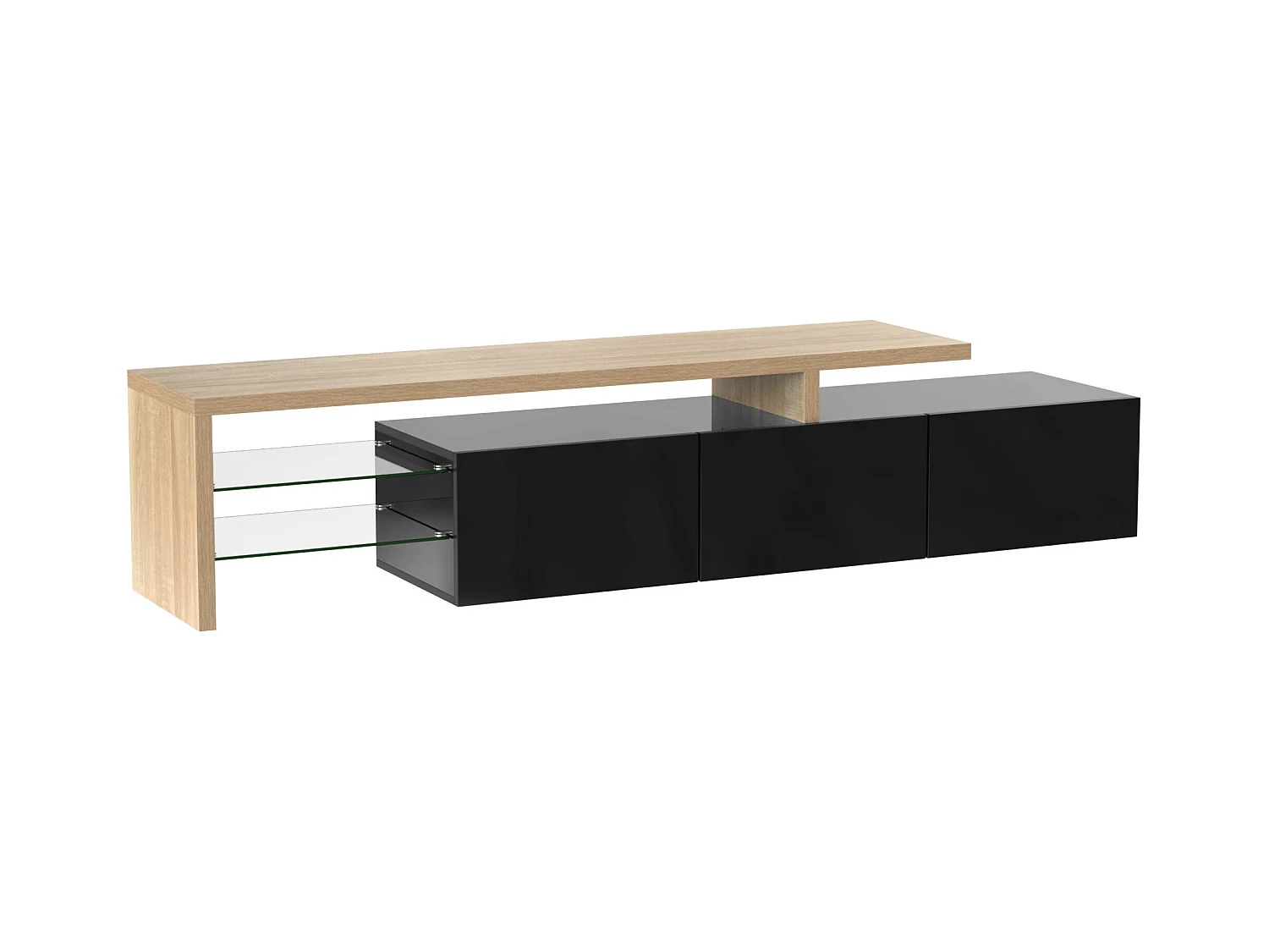 Design de meuble TV moderne noir brillant aspect bois éclairage LED avec 3 portes battantes et étagères en verre rangement NIKRID