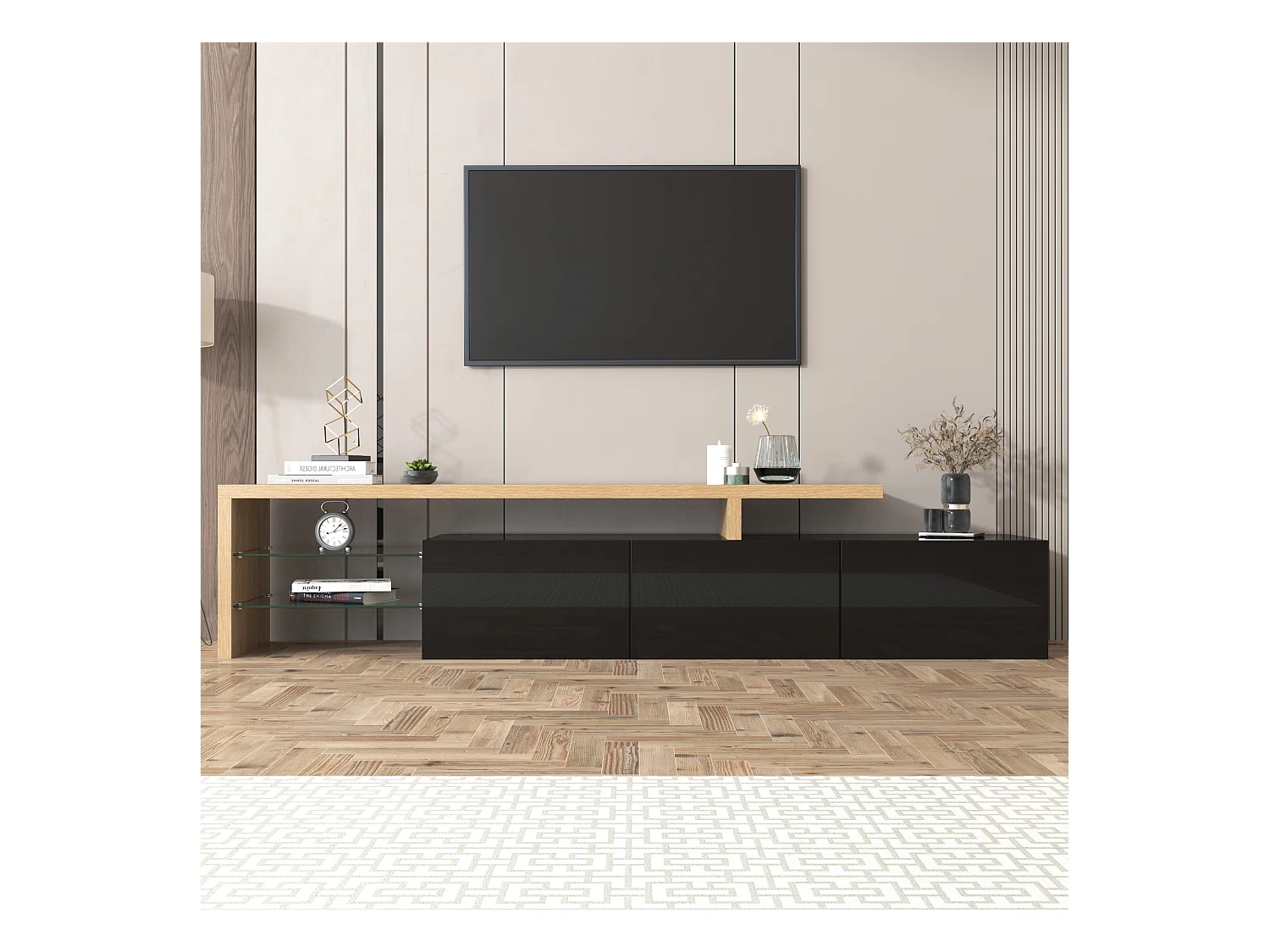 Design de meuble TV moderne noir brillant aspect bois éclairage LED avec 3 portes battantes et étagères en verre rangement NIKRID