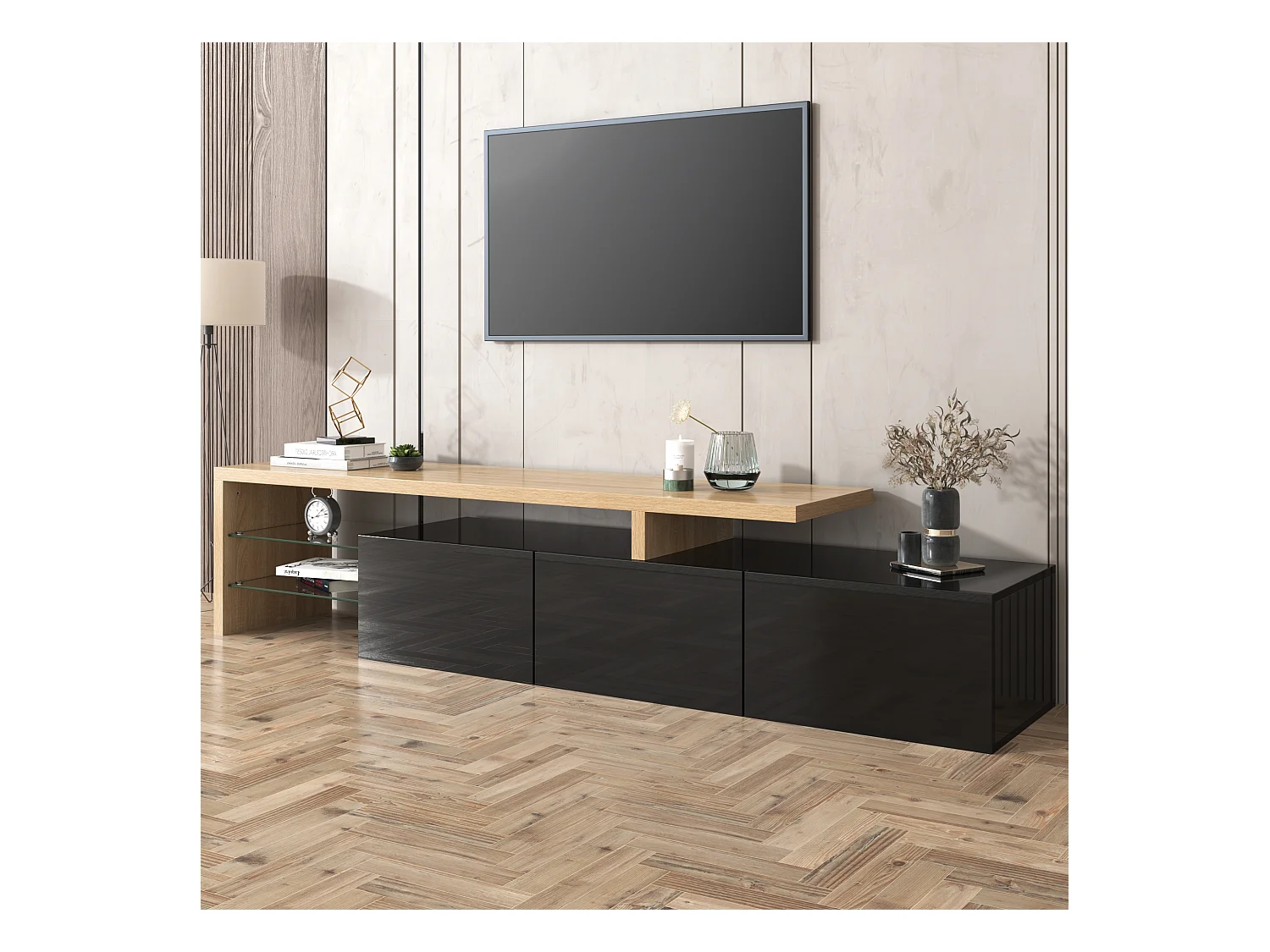 Design de meuble TV moderne noir brillant aspect bois éclairage LED avec 3 portes battantes et étagères en verre rangement NIKRID