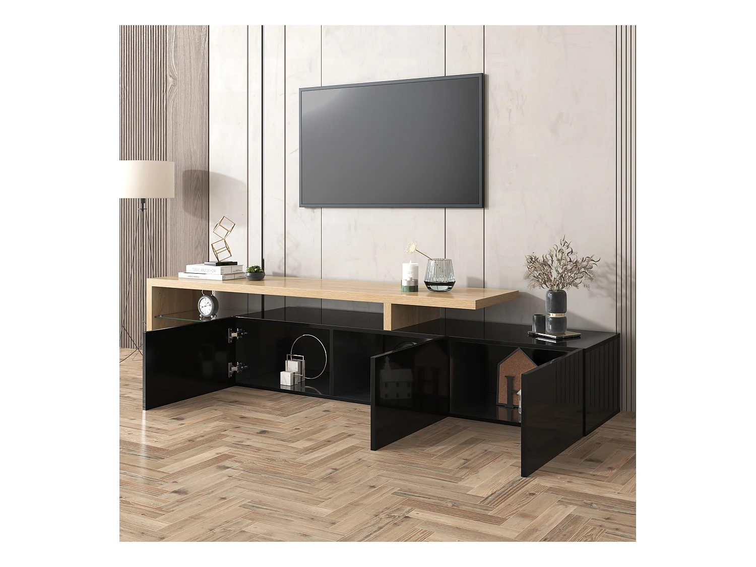Design de meuble TV moderne noir brillant aspect bois éclairage LED avec 3 portes battantes et étagères en verre rangement NIKRID