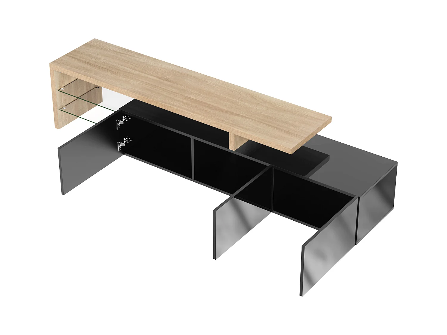 Design de meuble TV moderne noir brillant aspect bois éclairage LED avec 3 portes battantes et étagères en verre rangement NIKRID