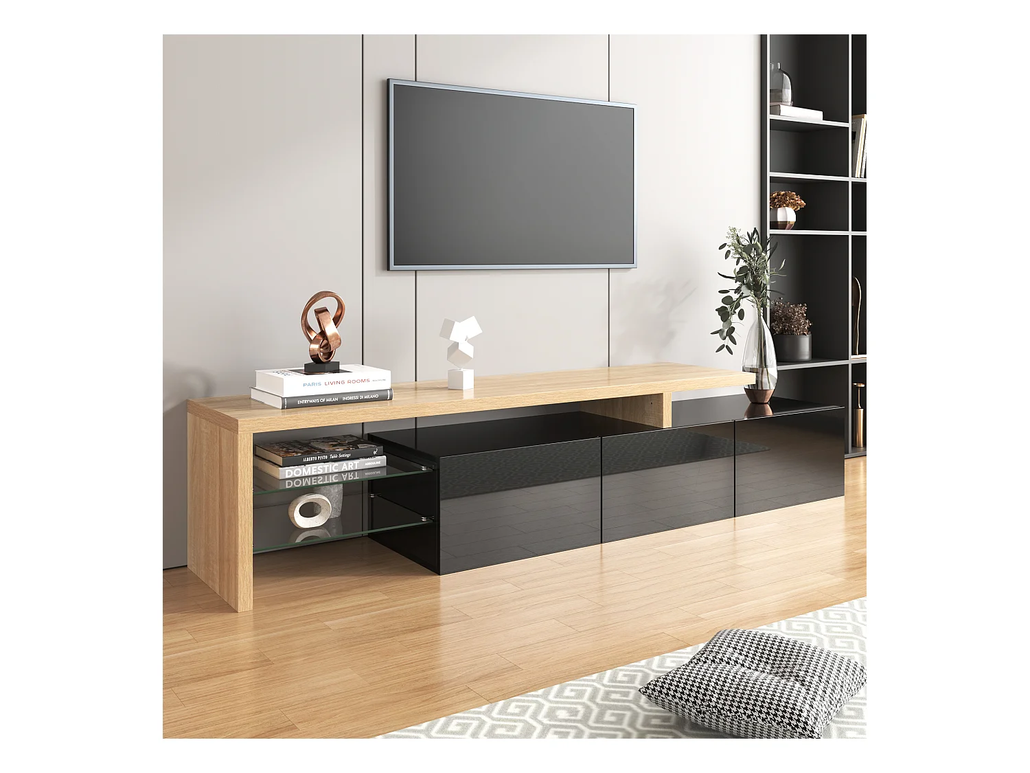 Design de meuble TV moderne noir brillant aspect bois éclairage LED avec 3 portes battantes et étagères en verre rangement NIKRID