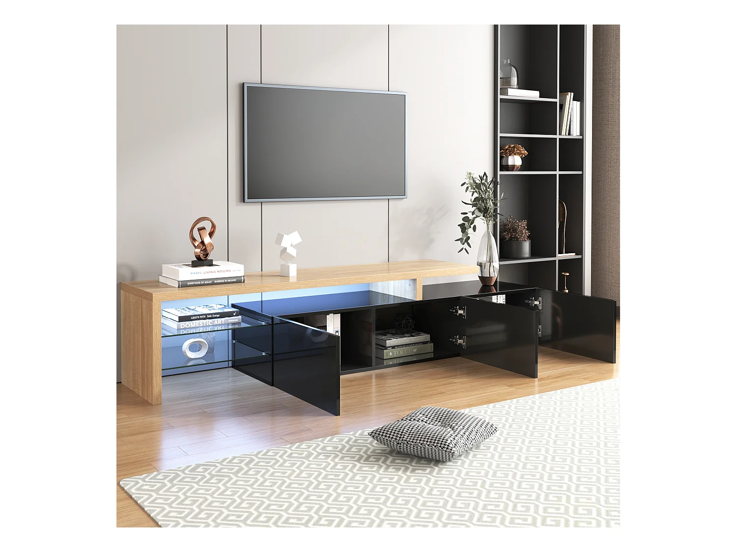 Design de meuble TV moderne noir brillant aspect bois éclairage LED avec 3 portes battantes et étagères en verre rangement NIKRID