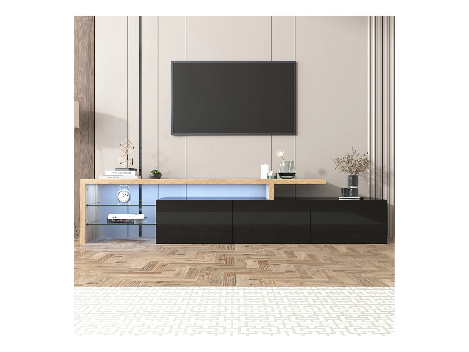 Design de meuble TV moderne noir brillant aspect bois éclairage LED avec 3 portes battantes et étagères en verre rangement NIKRID