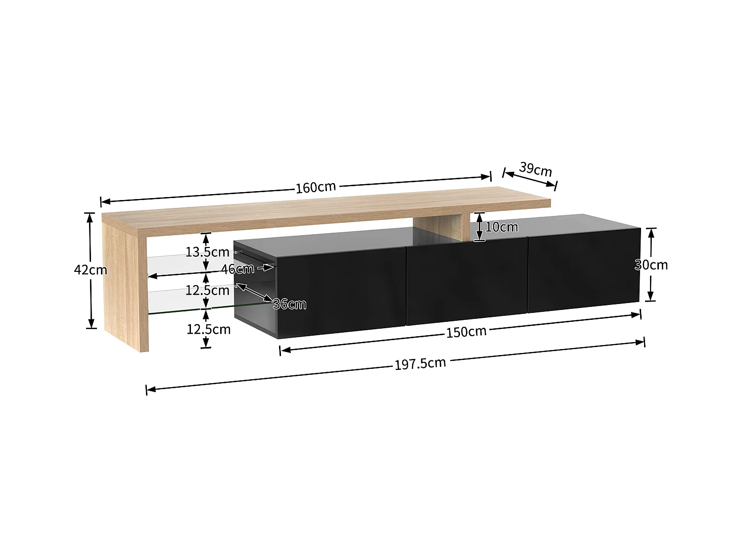 Design de meuble TV moderne noir brillant aspect bois éclairage LED avec 3 portes battantes et étagères en verre rangement NIKRID