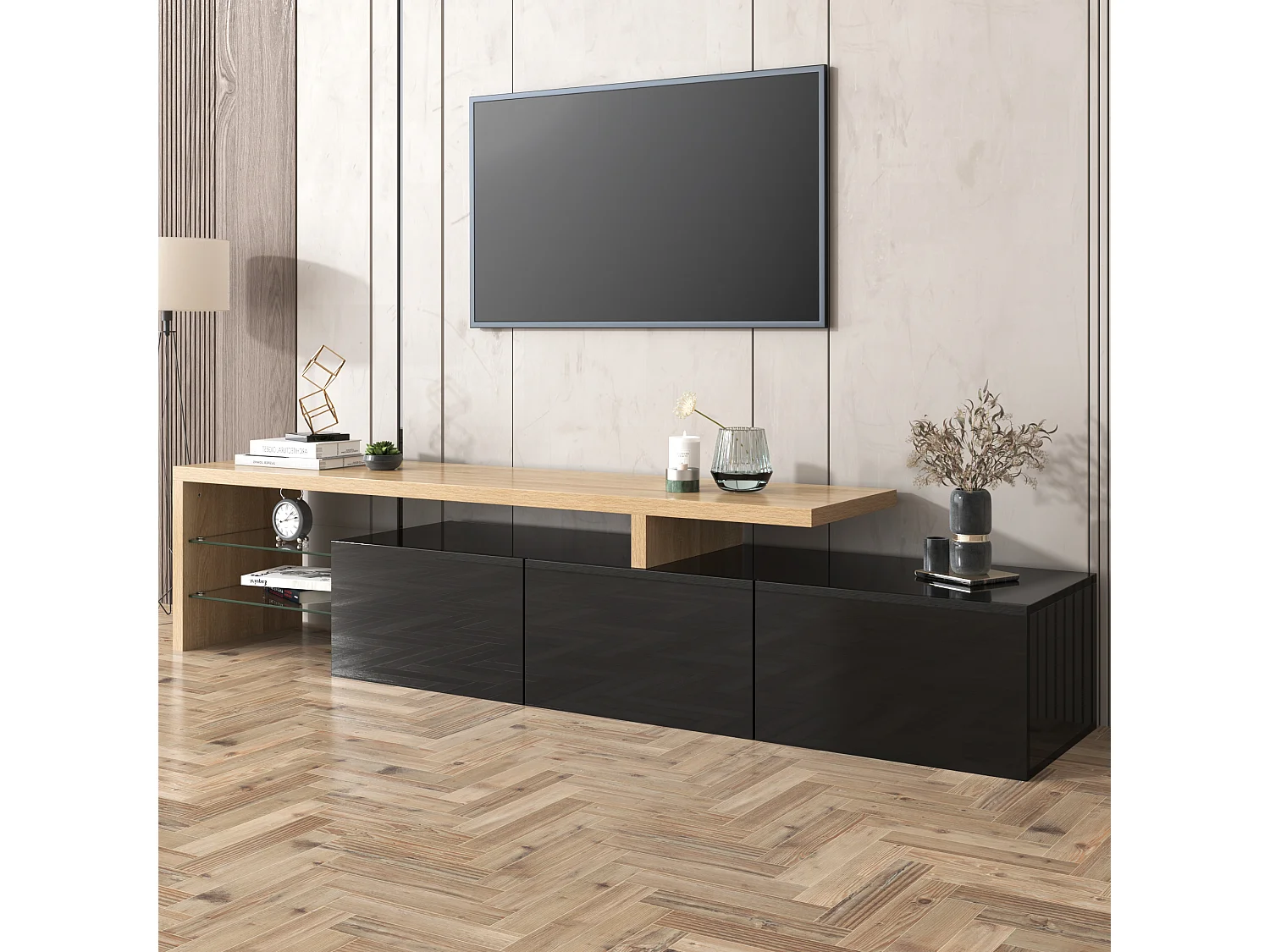 URBAN MEUBLE Design de meuble TV moderne noir brillant aspect bois éclairage LED avec 3 portes battantes et étagères en verre rangement