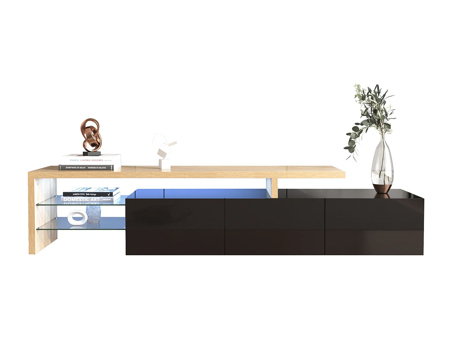 URBAN MEUBLE Design de meuble TV moderne noir brillant aspect bois éclairage LED avec 3 portes battantes et étagères en verre rangement