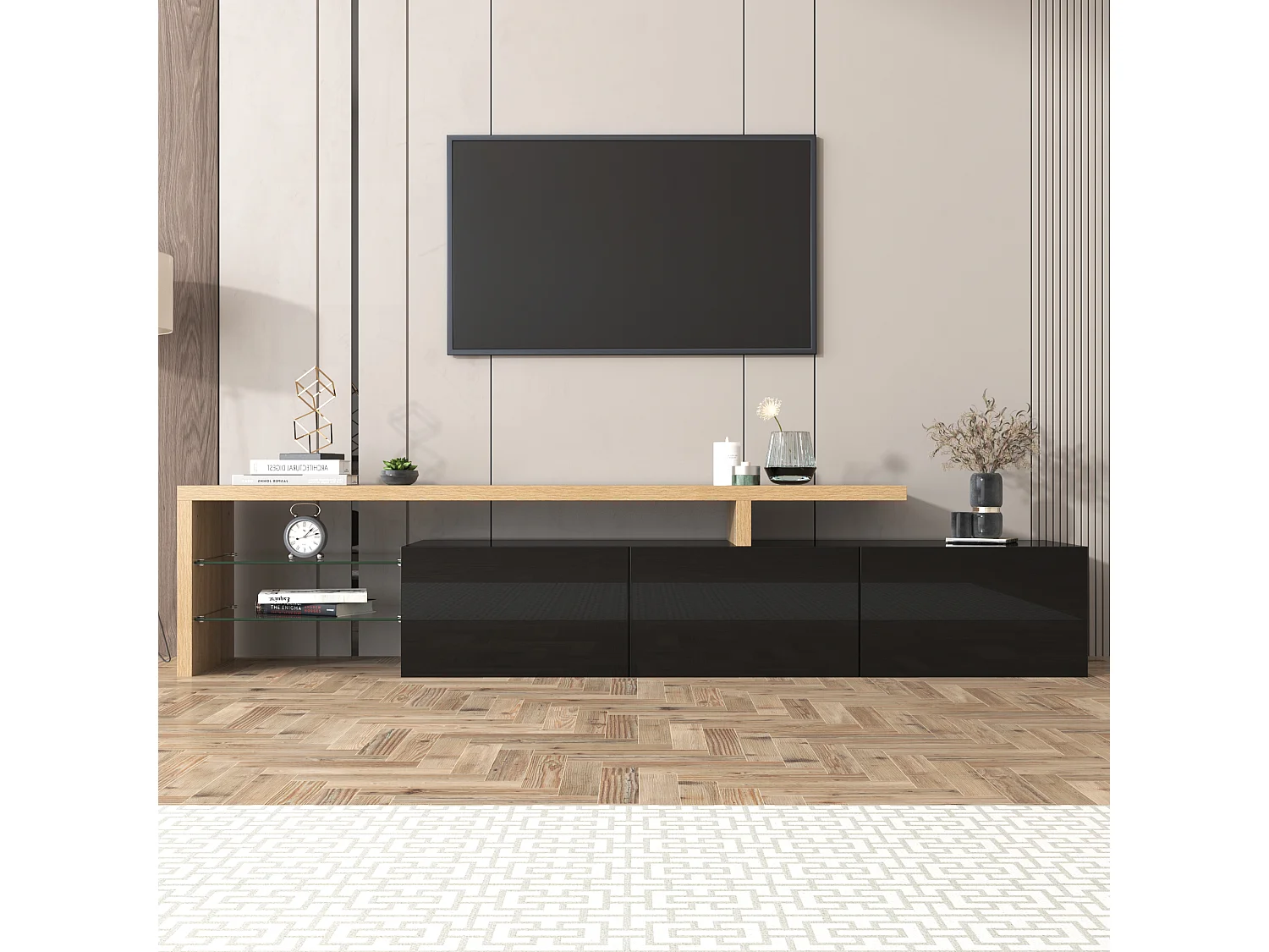 URBAN MEUBLE Design de meuble TV moderne noir brillant aspect bois éclairage LED avec 3 portes battantes et étagères en verre rangement